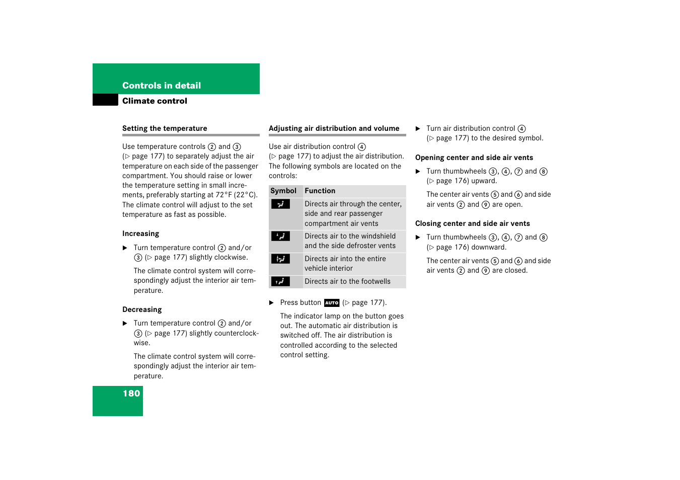 Temperature:interior temperature, Air distribution:climate control, Setting the temperature | Adjusting air distribution and volume | Mercedes-Benz 2006 C-Class User Manual | Page 181 / 474