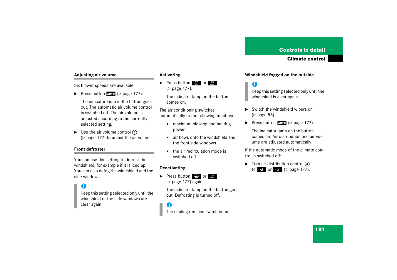 Adjusting air volume, Climate control system:defrosting, front, Adjusting air volume front defroster | Mercedes-Benz 2006 C-Class User Manual | Page 182 / 474