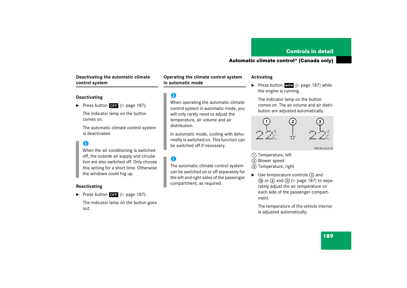 Deactivating the automatic climate control system | Mercedes-Benz 2006 C-Class User Manual | Page 190 / 474