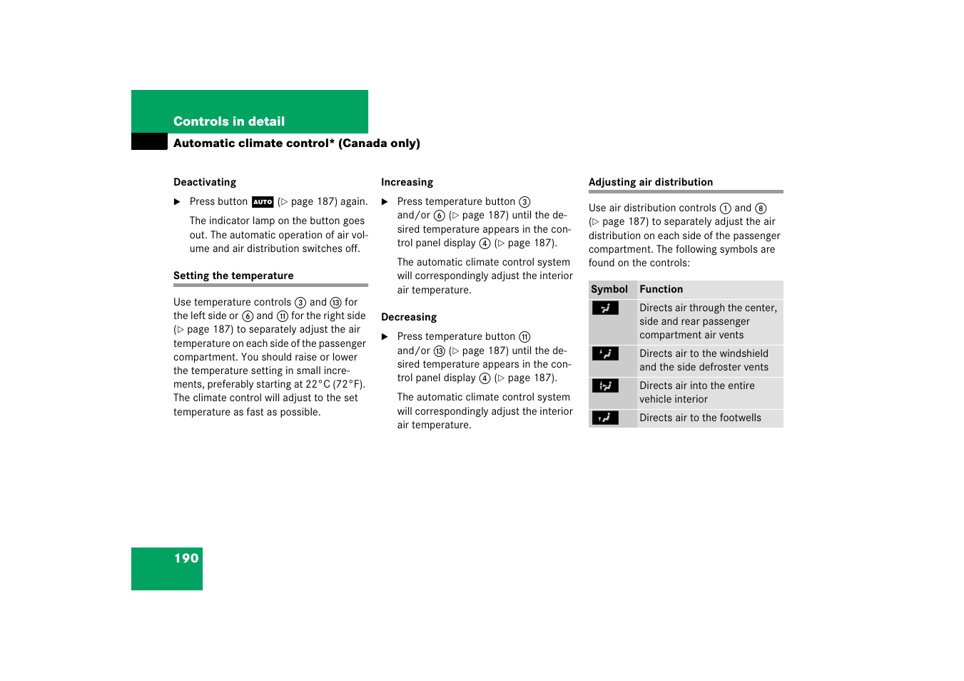 Setting the temperature, Setting the temperature adjusting air distribution | Mercedes-Benz 2006 C-Class User Manual | Page 191 / 474