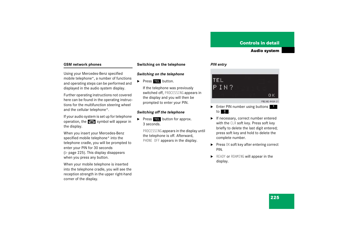 Audio system:telephone* operation, Gsm network phones | Mercedes-Benz 2006 C-Class User Manual | Page 226 / 474