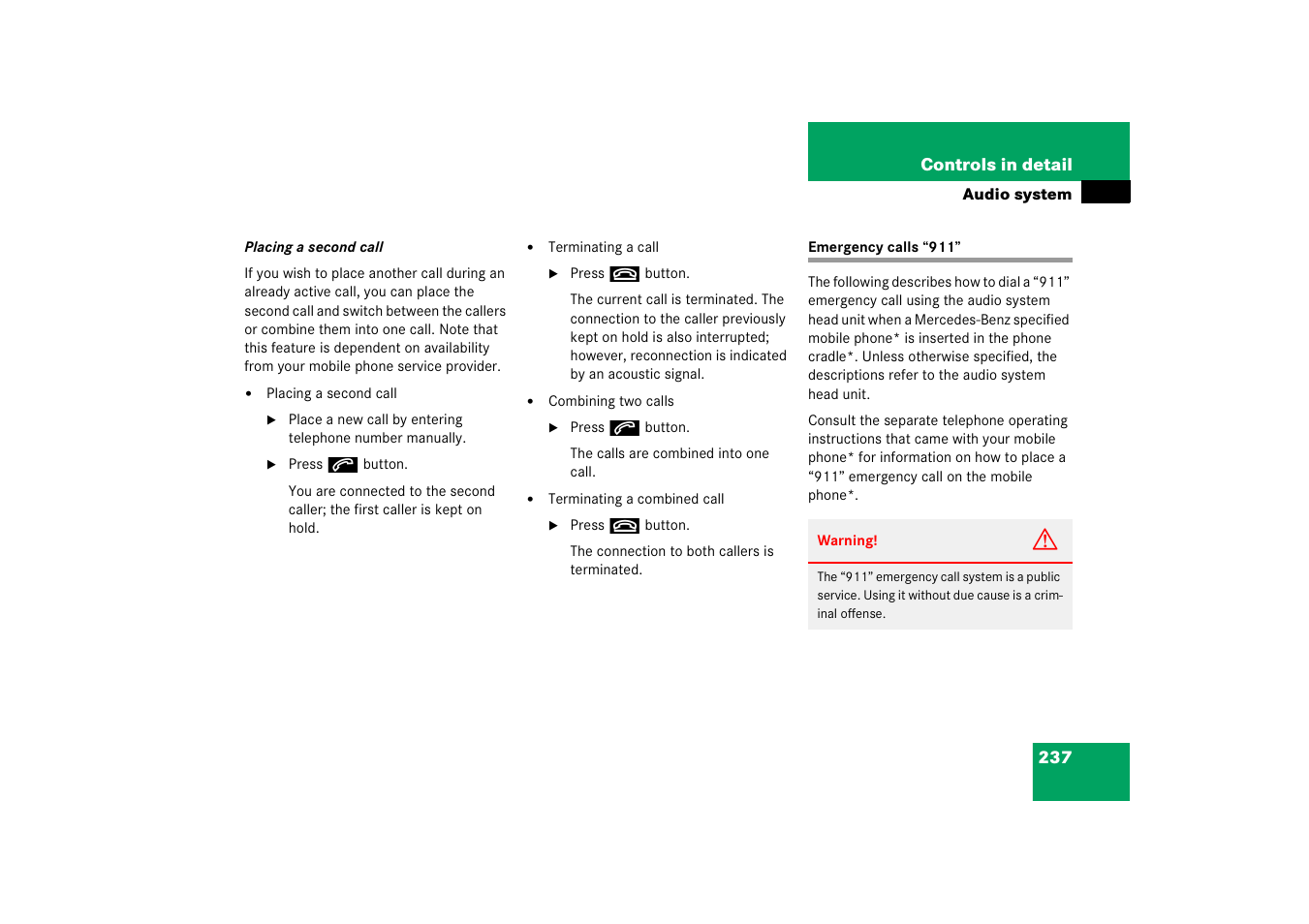 Emergency calls:911 calls, Emergency calls “911 | Mercedes-Benz 2006 C-Class User Manual | Page 238 / 474