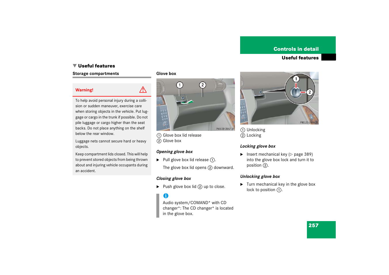 Useful features, Storage compartments | Mercedes-Benz 2006 C-Class User Manual | Page 258 / 474