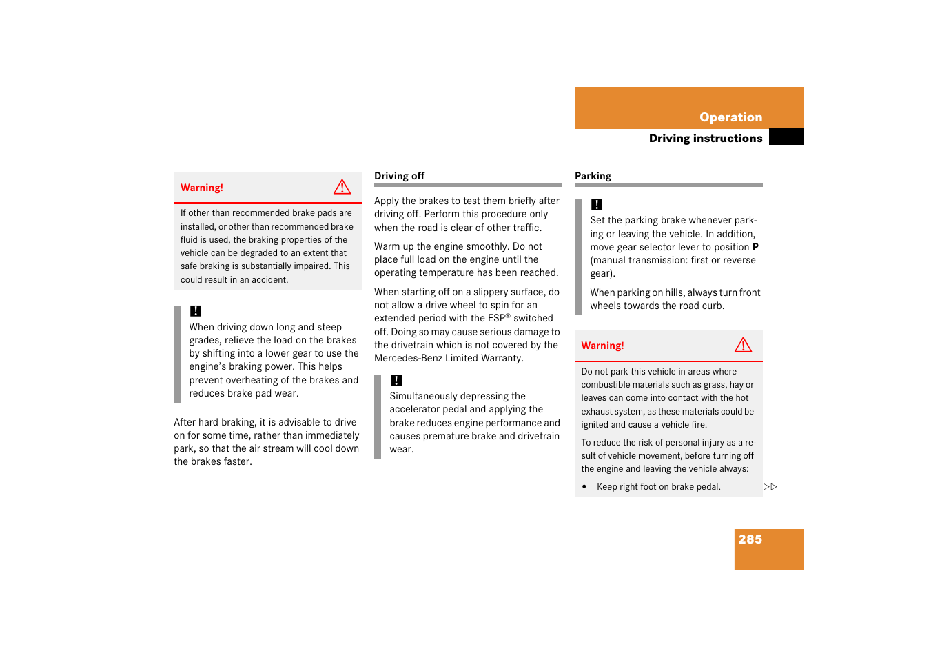 Driving off, Parking, Driving off parking | Mercedes-Benz 2006 C-Class User Manual | Page 286 / 474