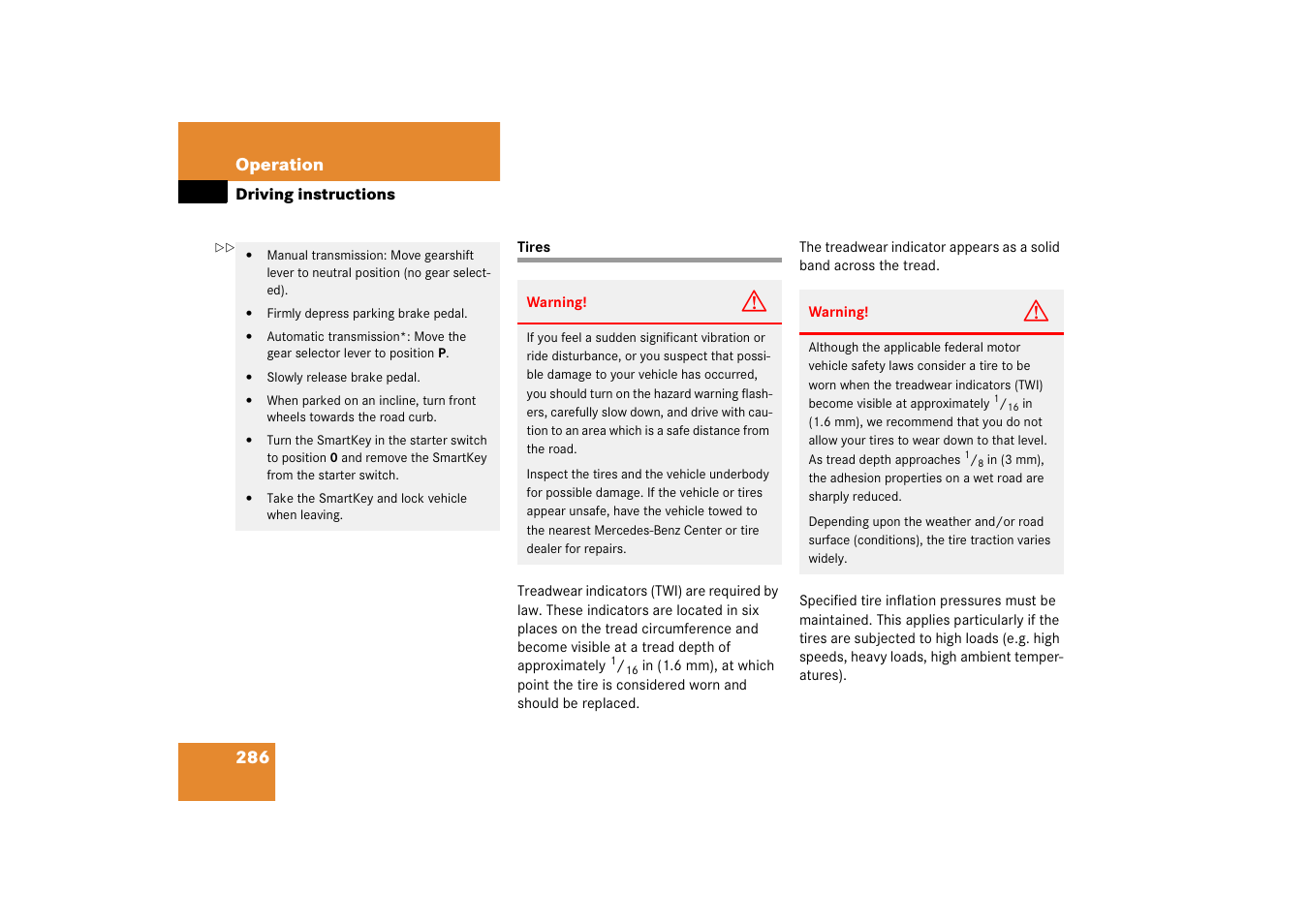 Tires:driving instructions, Tires | Mercedes-Benz 2006 C-Class User Manual | Page 287 / 474
