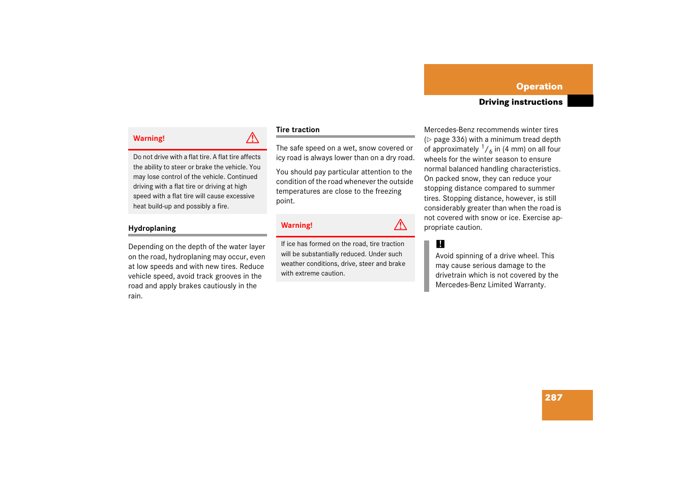 Hydroplaning, Tires:traction, Hydroplaning tire traction | Mercedes-Benz 2006 C-Class User Manual | Page 288 / 474