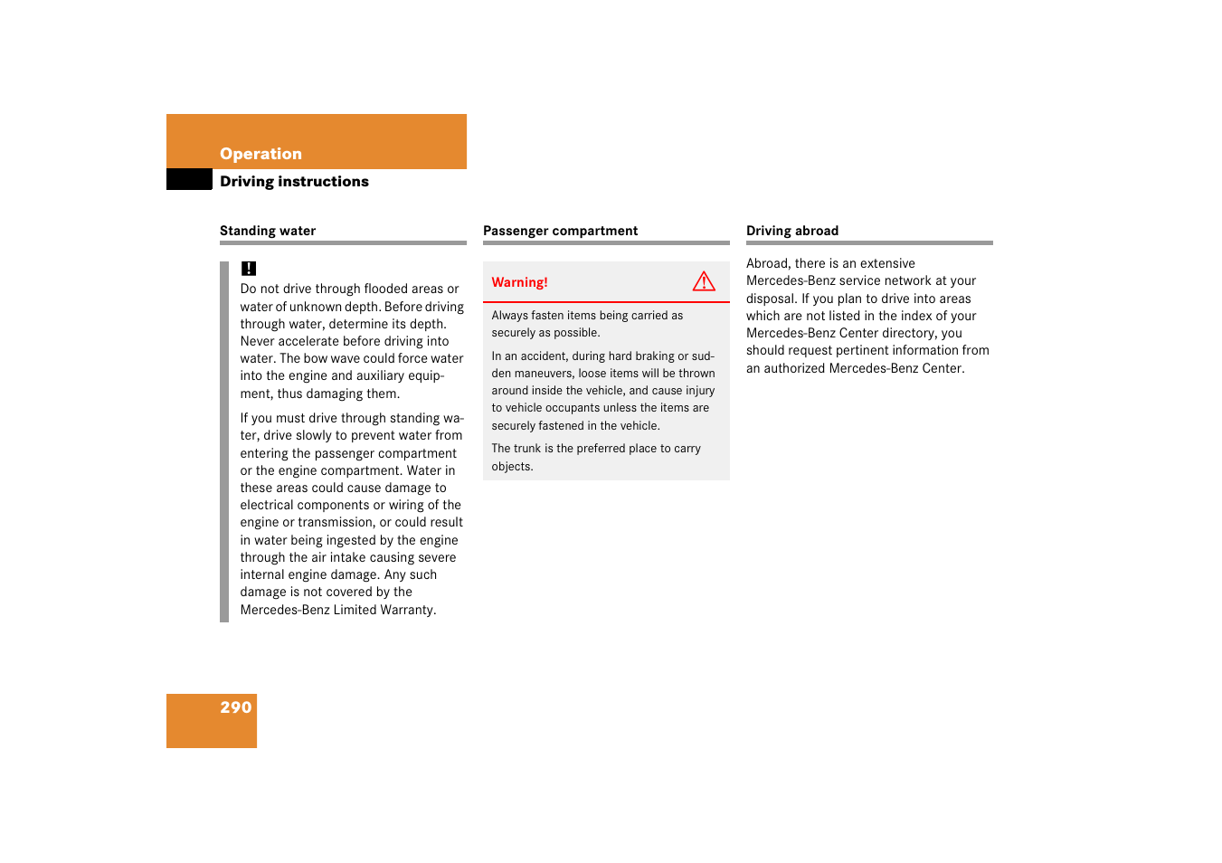 Standing water, driving through, Passenger compartment, Traveling abroad | Mercedes-Benz 2006 C-Class User Manual | Page 291 / 474