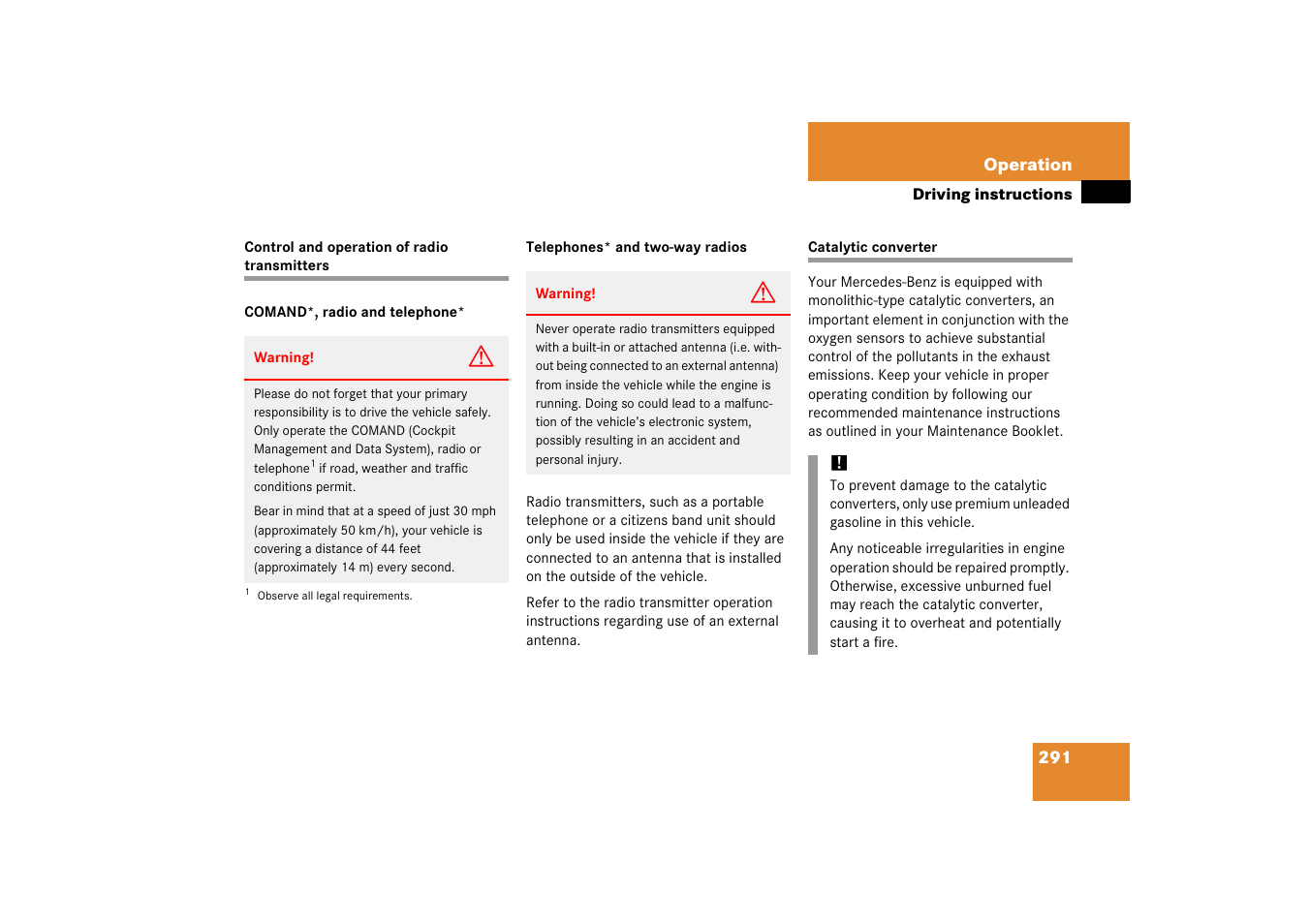 Radio transmitters, Catalytic converter | Mercedes-Benz 2006 C-Class User Manual | Page 292 / 474