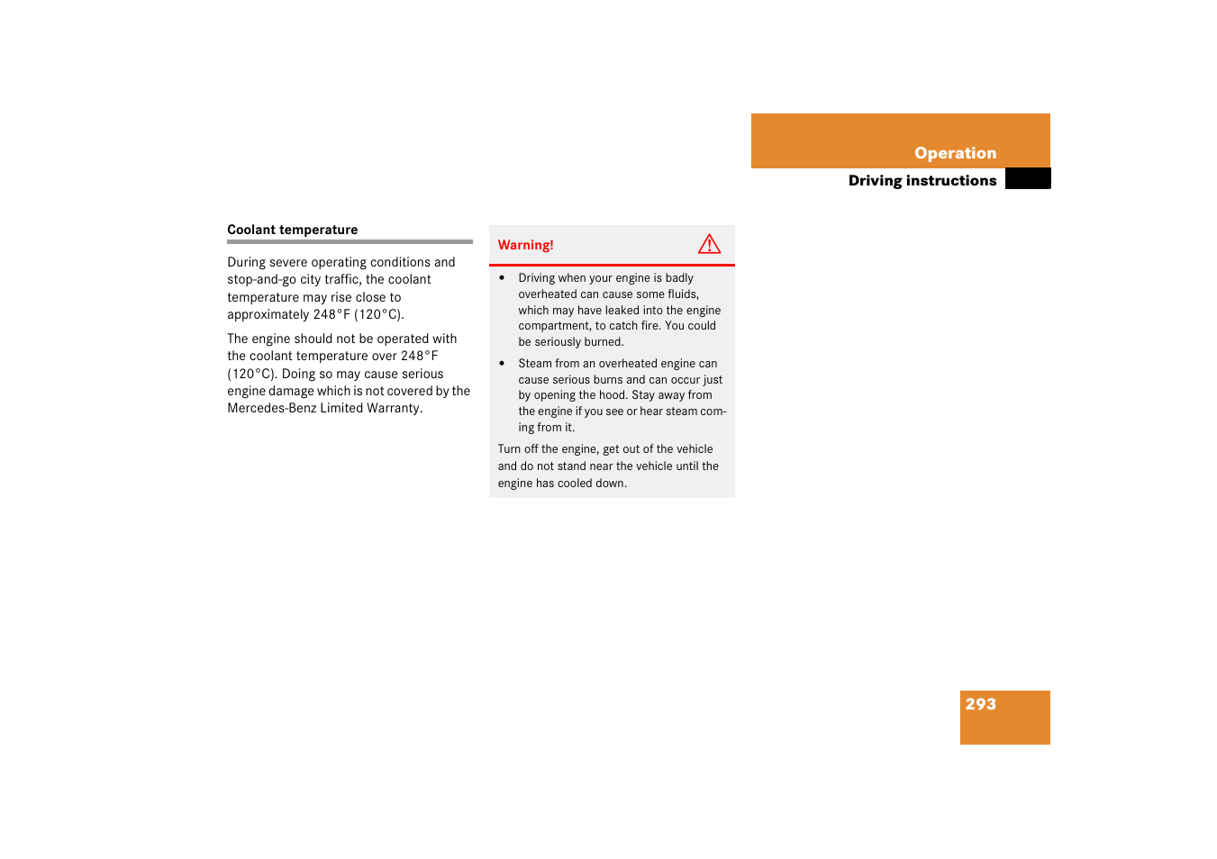 Coolant:temperature, Coolant temperature | Mercedes-Benz 2006 C-Class User Manual | Page 294 / 474