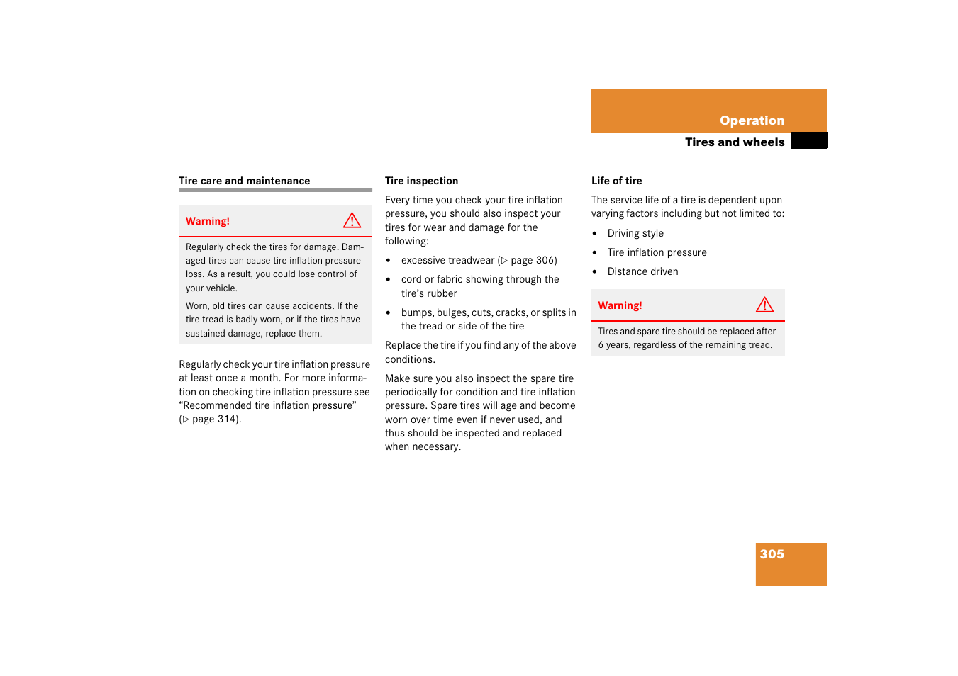 Tires:care and maintenance, Tire care and maintenance | Mercedes-Benz 2006 C-Class User Manual | Page 306 / 474