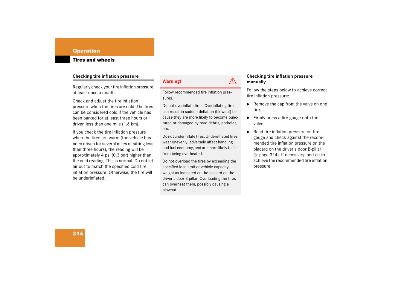 Tires:inflation pressure, Checking tire inflation pressure | Mercedes-Benz 2006 C-Class User Manual | Page 317 / 474