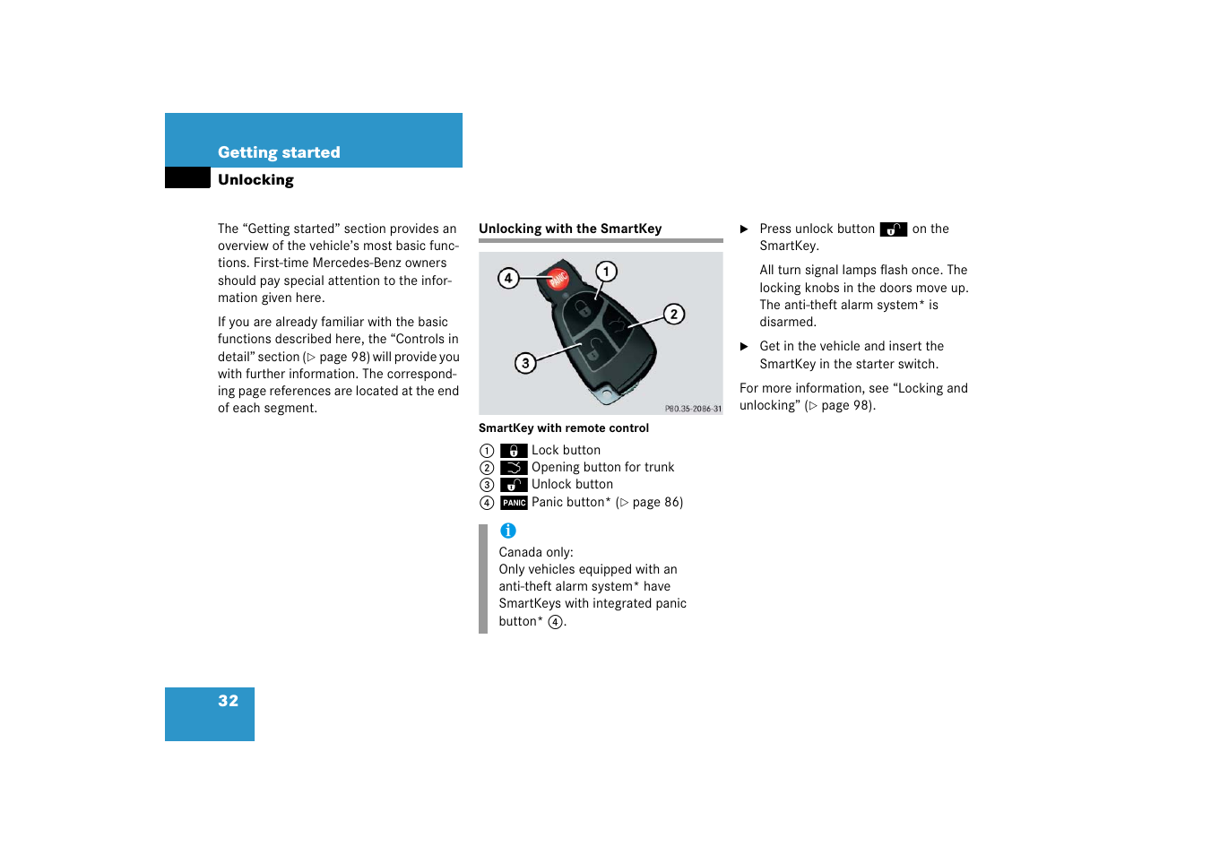 Unlocking, Key, smartkey:locking/unlocking, Unlocking with the smartkey | Mercedes-Benz 2006 C-Class User Manual | Page 33 / 474