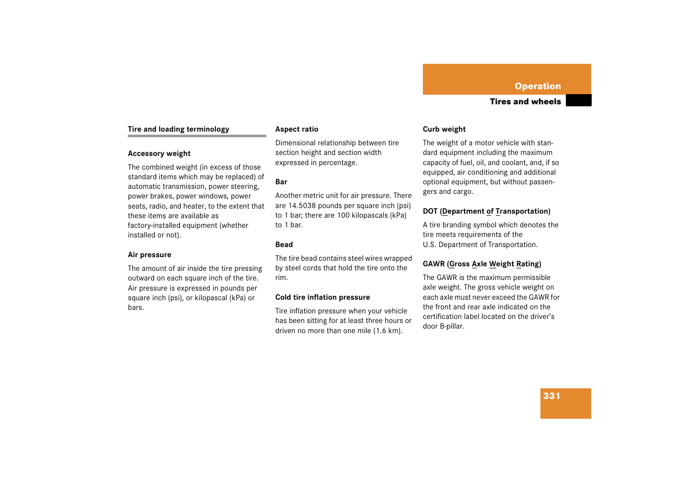 Tires:terminology, Tire and loading terminology | Mercedes-Benz 2006 C-Class User Manual | Page 332 / 474