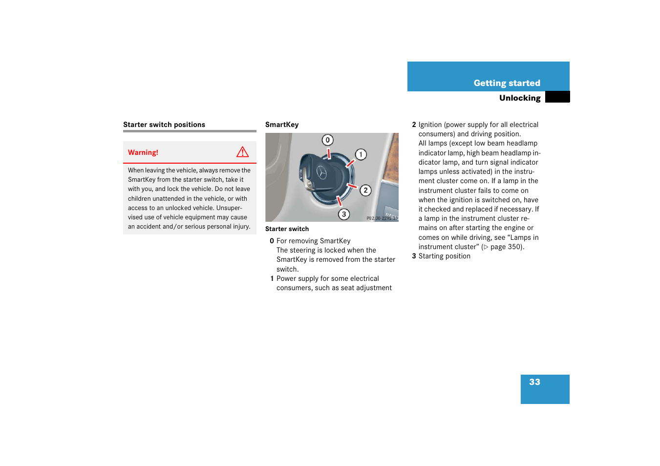 Starter switch:positions, Starter switch positions | Mercedes-Benz 2006 C-Class User Manual | Page 34 / 474