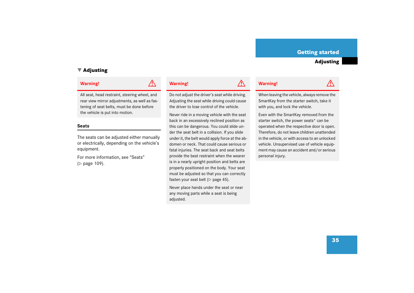 Adjusting, Seats | Mercedes-Benz 2006 C-Class User Manual | Page 36 / 474