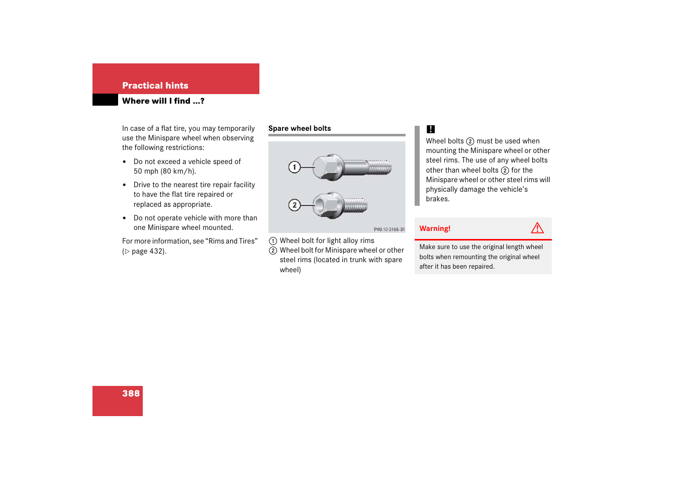 Spare wheel:bolts, Spare wheel bolts | Mercedes-Benz 2006 C-Class User Manual | Page 389 / 474