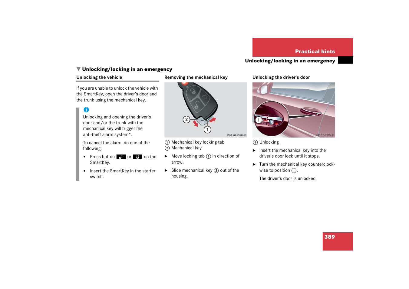 Vehicle:locking/unlocking in an emergency, Emergency operations:locking/unlocking the vehicle, Unlocking/locking in an emergency | Unlocking the vehicle | Mercedes-Benz 2006 C-Class User Manual | Page 390 / 474