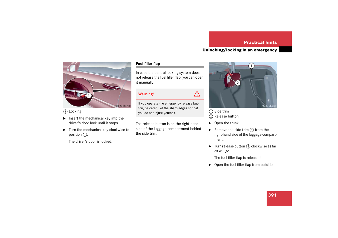 Fuel filler flap:opening in an emergency, Fuel filler flap | Mercedes-Benz 2006 C-Class User Manual | Page 392 / 474