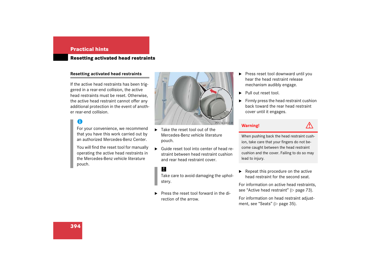 Resetting activated head restraints, See “resetting acti- vated head restraints | Mercedes-Benz 2006 C-Class User Manual | Page 395 / 474