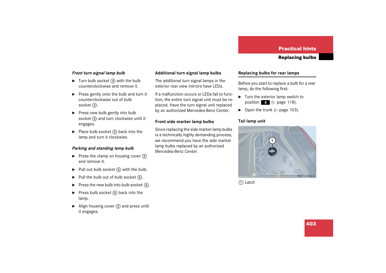 Brake lamps:replacing bulbs, Replacing bulbs for rear lamps | Mercedes-Benz 2006 C-Class User Manual | Page 404 / 474