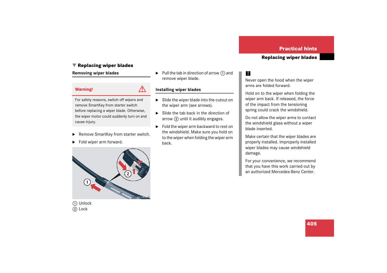 Windshield wipers:replacing wiper blades, Removing wiper blades, Installing wiper blades | Replacing wiper blades, Removing wiper blades installing wiper blades | Mercedes-Benz 2006 C-Class User Manual | Page 406 / 474