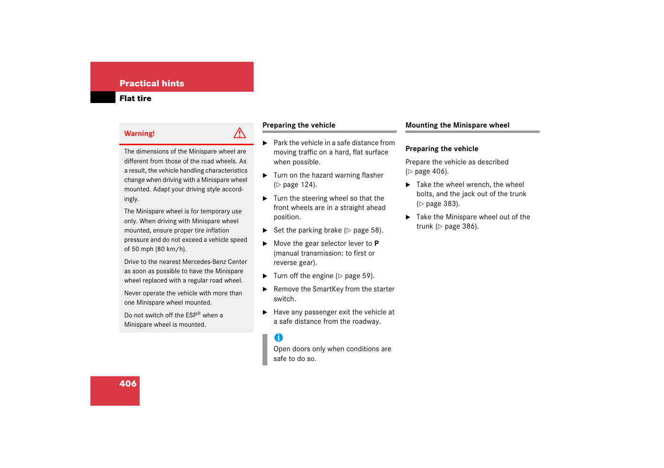 Flat tire, Flat tire:preparing the vehicle, Flat tire:mounting the spare wheel | Preparing the vehicle mounting the minispare wheel | Mercedes-Benz 2006 C-Class User Manual | Page 407 / 474