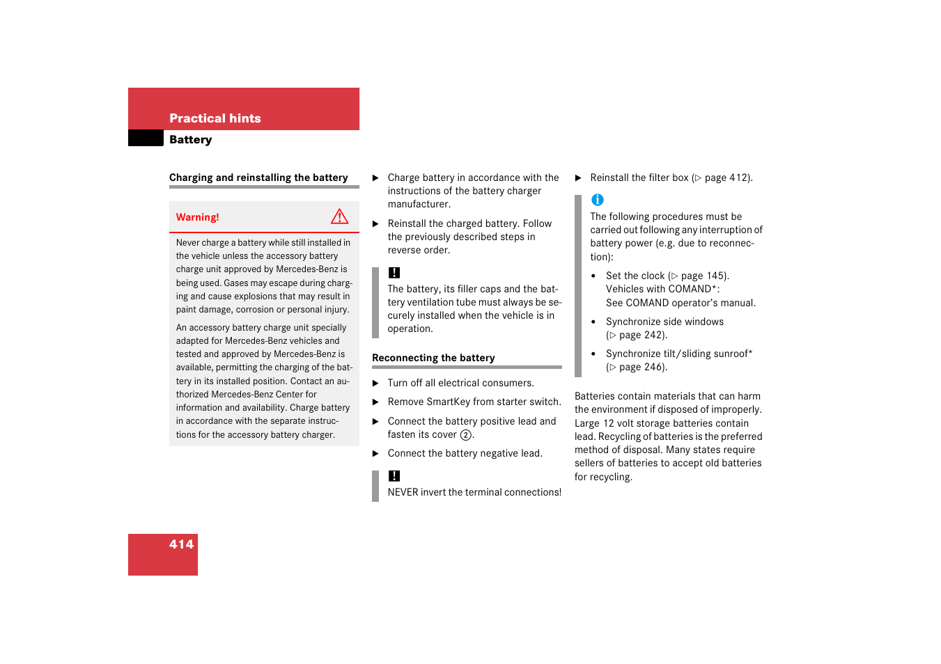 Battery, vehicle:charging, Reconnecting the battery | Mercedes-Benz 2006 C-Class User Manual | Page 415 / 474