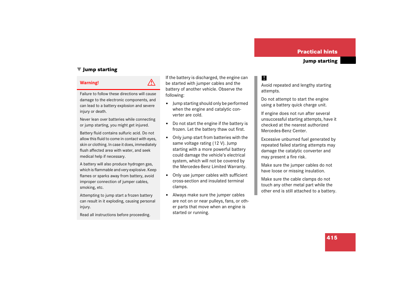 Jump starting | Mercedes-Benz 2006 C-Class User Manual | Page 416 / 474