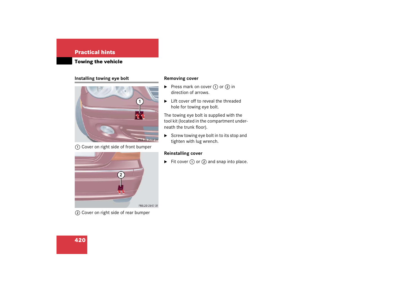 Towing eye bolt, Installing towing eye bolt | Mercedes-Benz 2006 C-Class User Manual | Page 421 / 474