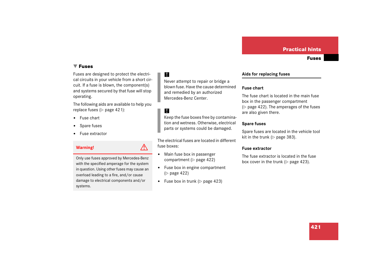 Fuses, Fuses:aids for changing fuses, Aids for replacing fuses | Mercedes-Benz 2006 C-Class User Manual | Page 422 / 474