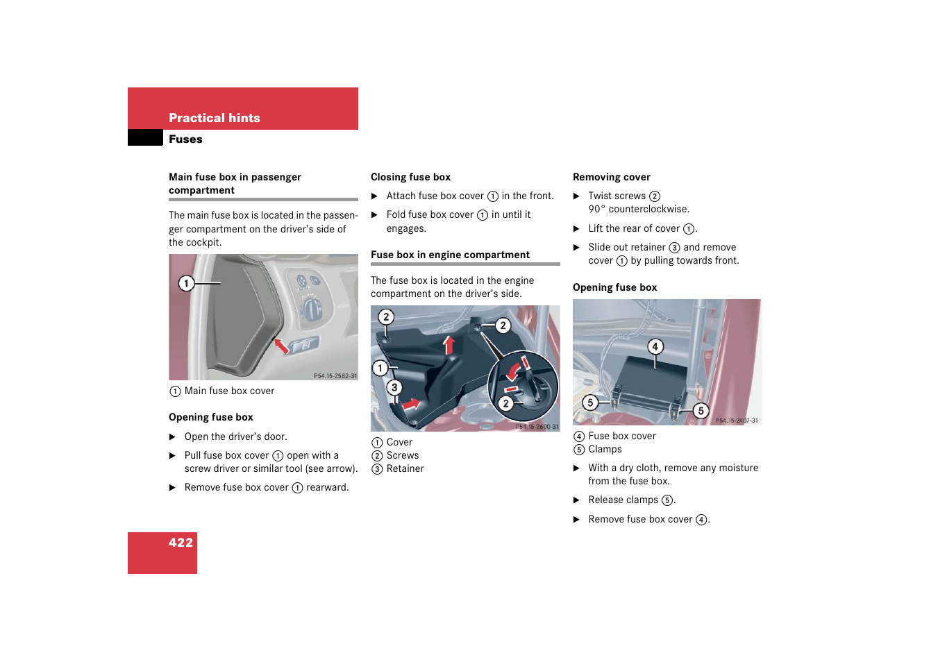 Fuses:fuse box (main) in passenger compartment, Fuses:fuse box in engine compartment | Mercedes-Benz 2006 C-Class User Manual | Page 423 / 474