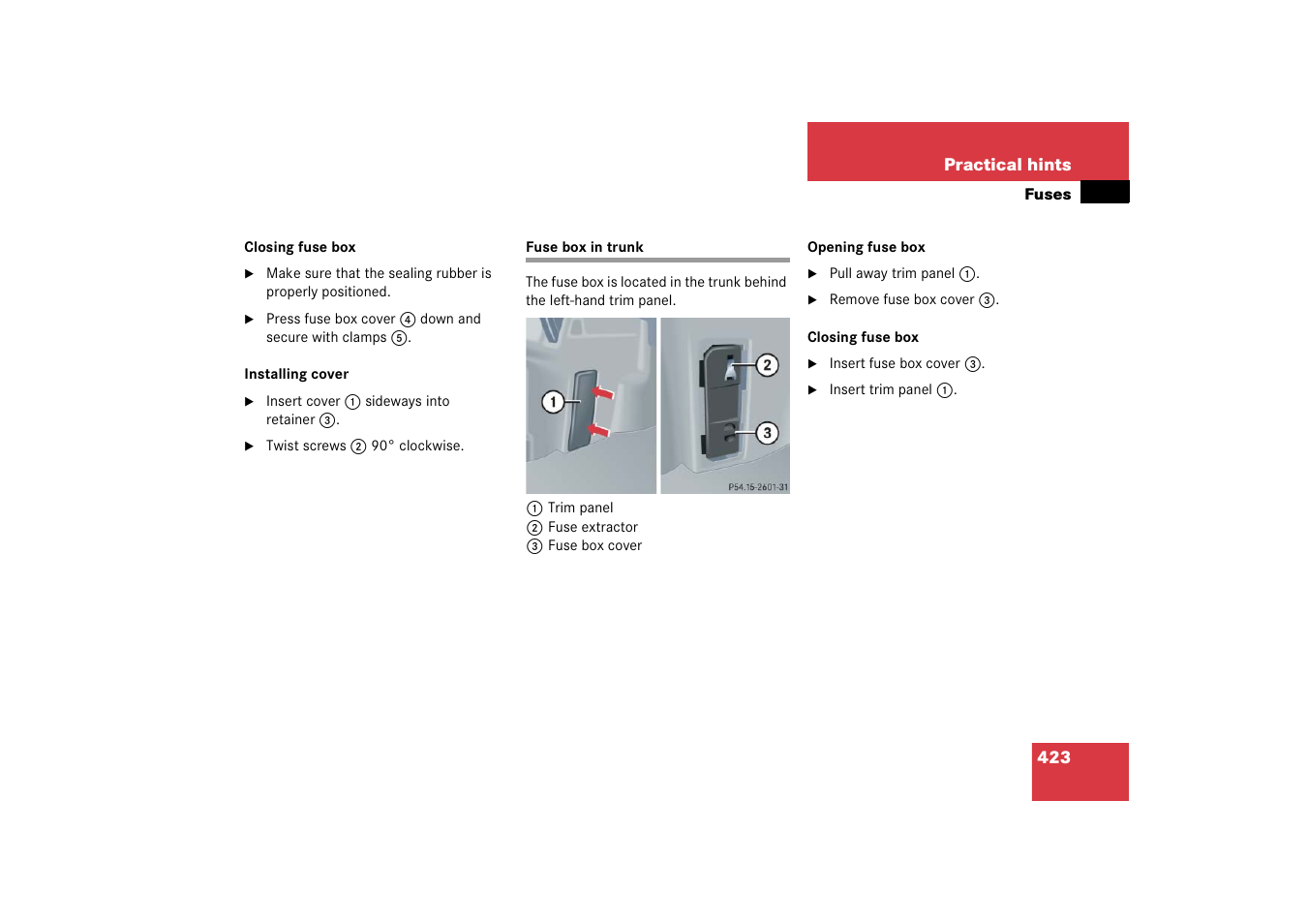 Fuses:fuse box in trunk, Fuse box in trunk | Mercedes-Benz 2006 C-Class User Manual | Page 424 / 474