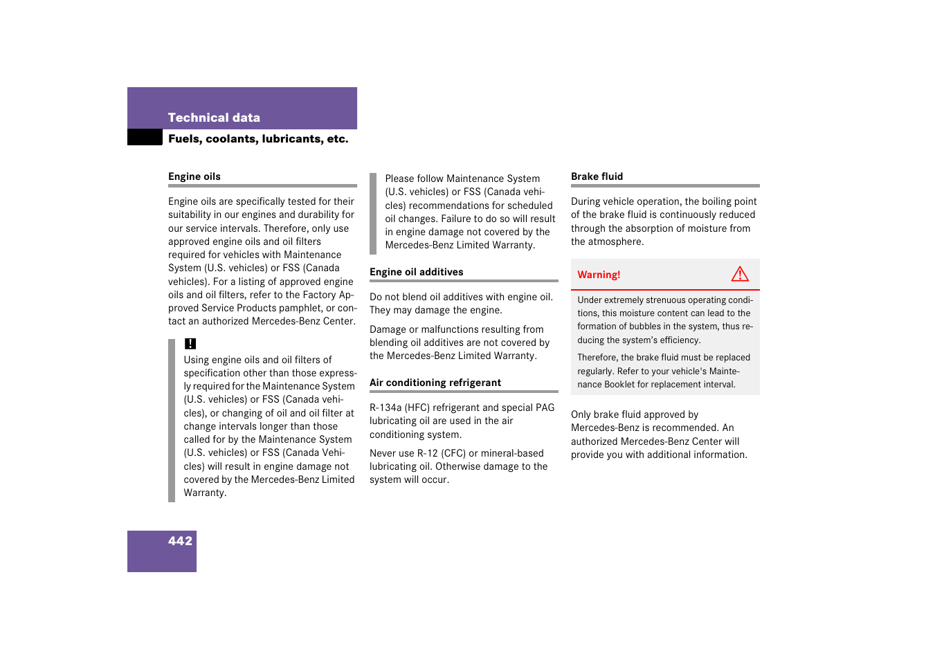 Engine oil, Engine oil:additives, Technical data:air conditioning refrigerant | Brake fluid | Mercedes-Benz 2006 C-Class User Manual | Page 443 / 474