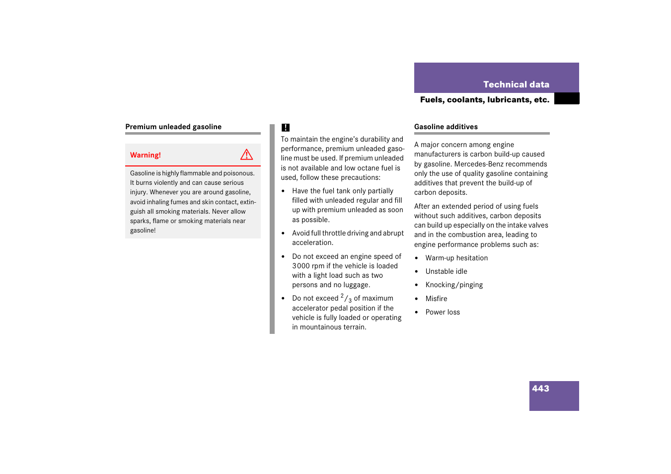 Technical data:premium unleaded gasoline, Premium unleaded gasoline gasoline additives | Mercedes-Benz 2006 C-Class User Manual | Page 444 / 474