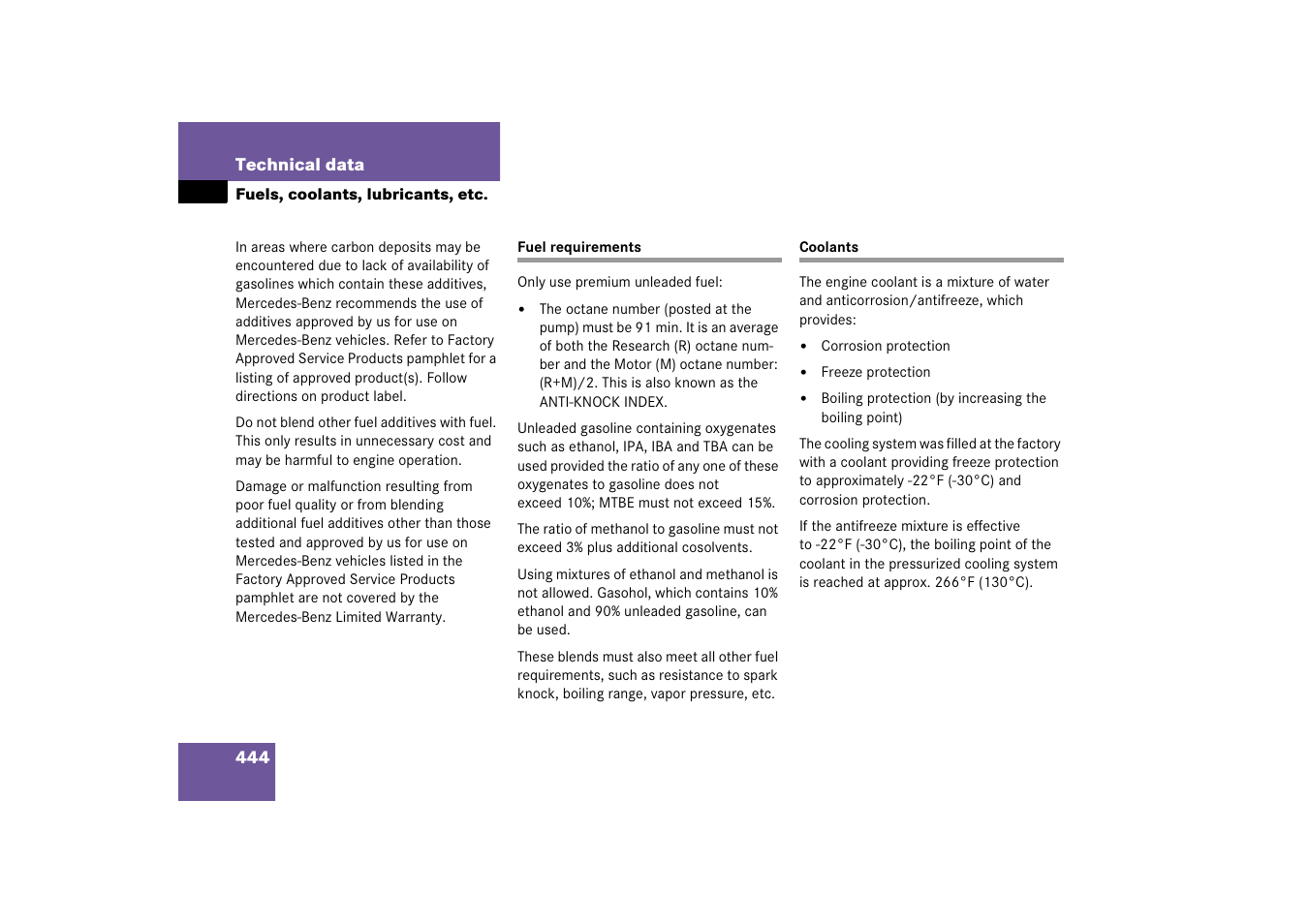 Technical data:fuel requirements, Coolant, Fuel requirements coolants | Mercedes-Benz 2006 C-Class User Manual | Page 445 / 474