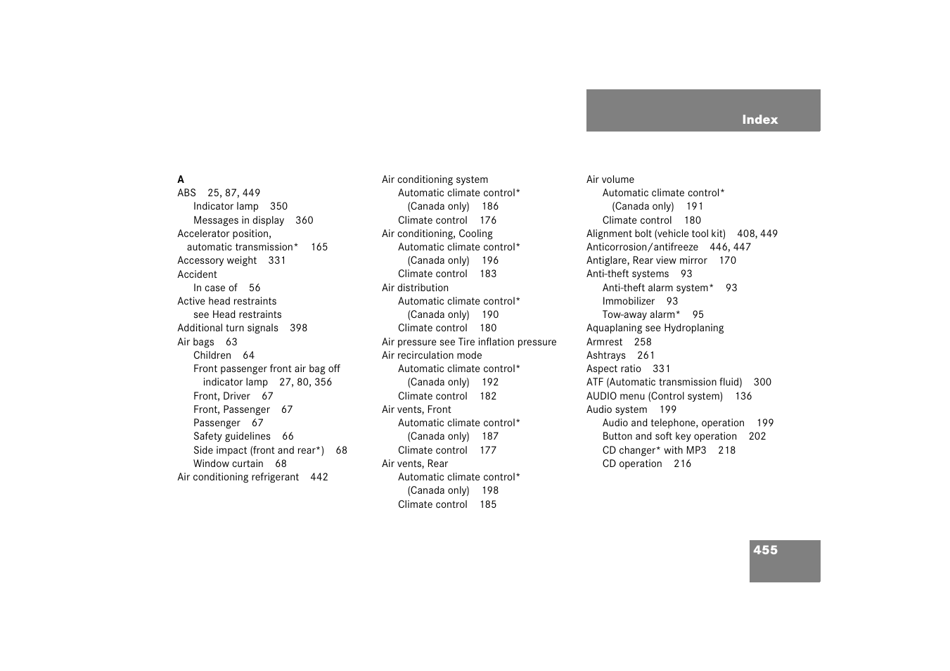 Index | Mercedes-Benz 2006 C-Class User Manual | Page 456 / 474