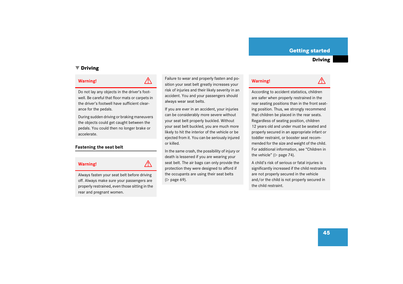 Driving:instructions, Seat belts:fastening, Driving | Fastening the seat belt | Mercedes-Benz 2006 C-Class User Manual | Page 46 / 474