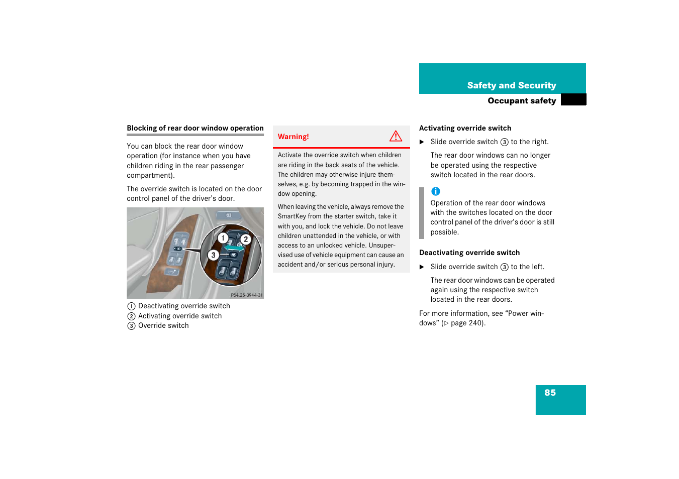 Rear door window:blocking operation, Blocking of rear door window operation | Mercedes-Benz 2006 C-Class User Manual | Page 86 / 474
