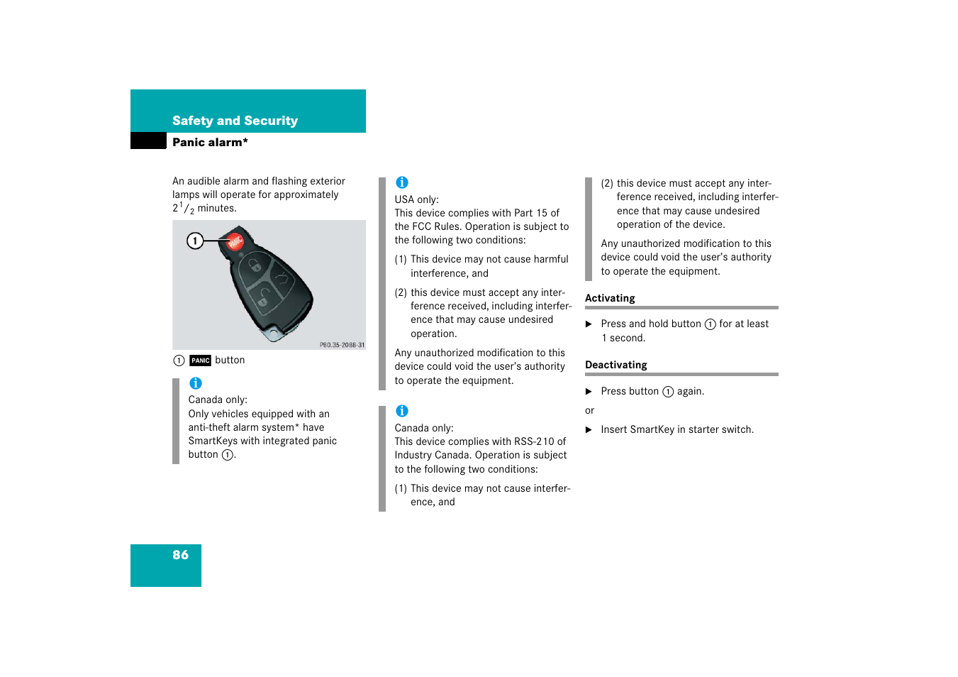 Panic alarm, Activating, Deactivating | Activating deactivating, Tton | Mercedes-Benz 2006 C-Class User Manual | Page 87 / 474