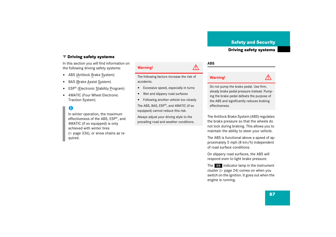 Driving:safety systems, Driving safety systems:abs, Driving safety systems | Mercedes-Benz 2006 C-Class User Manual | Page 88 / 474