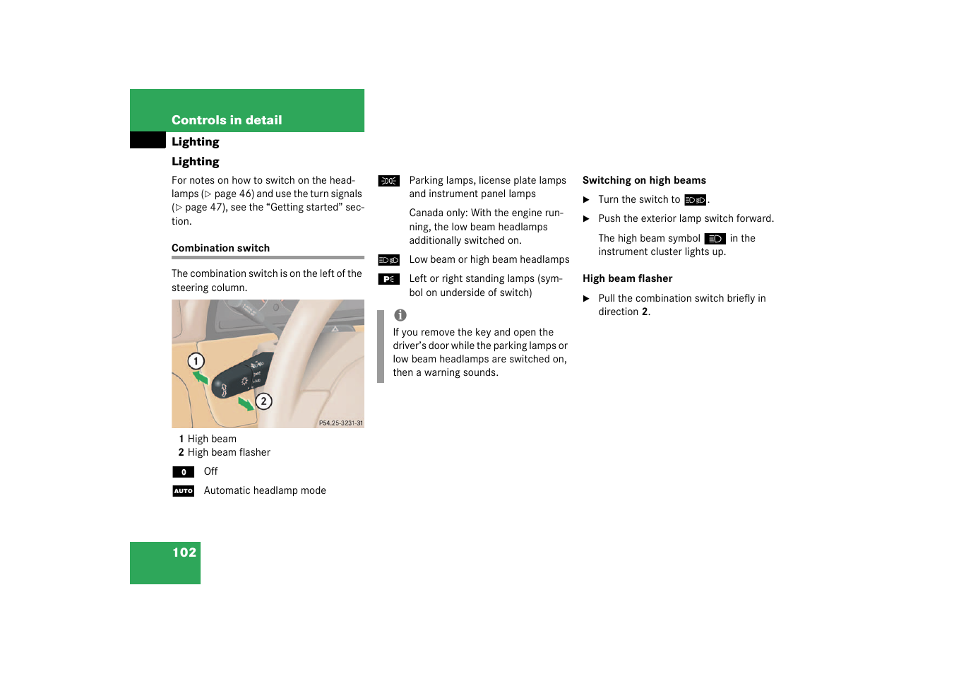 Lighting, Combination switch | Mercedes-Benz 2003 M-Class User Manual | Page 102 / 321