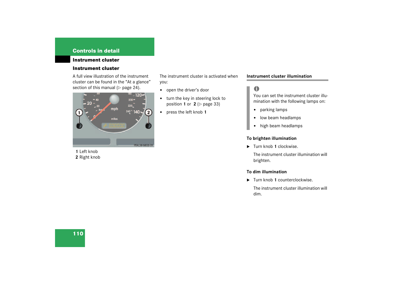 Instrument cluster, Instrument cluster illumination | Mercedes-Benz 2003 M-Class User Manual | Page 110 / 321
