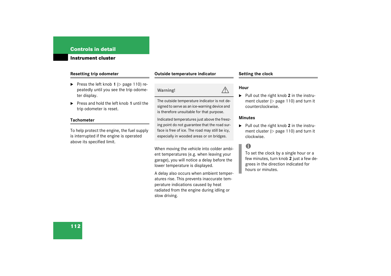 Resetting:trip odometer;trip odometer:resetting, Tachometer, Setting the clock | Mercedes-Benz 2003 M-Class User Manual | Page 112 / 321