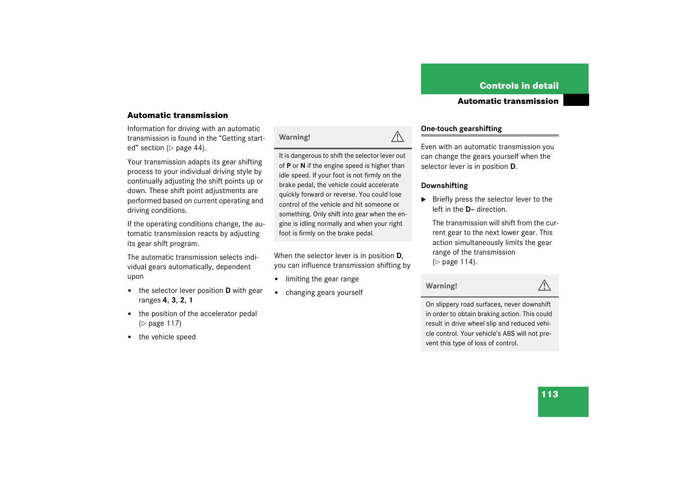 Automatic transmission, One-touch gearshifting | Mercedes-Benz 2003 M-Class User Manual | Page 113 / 321