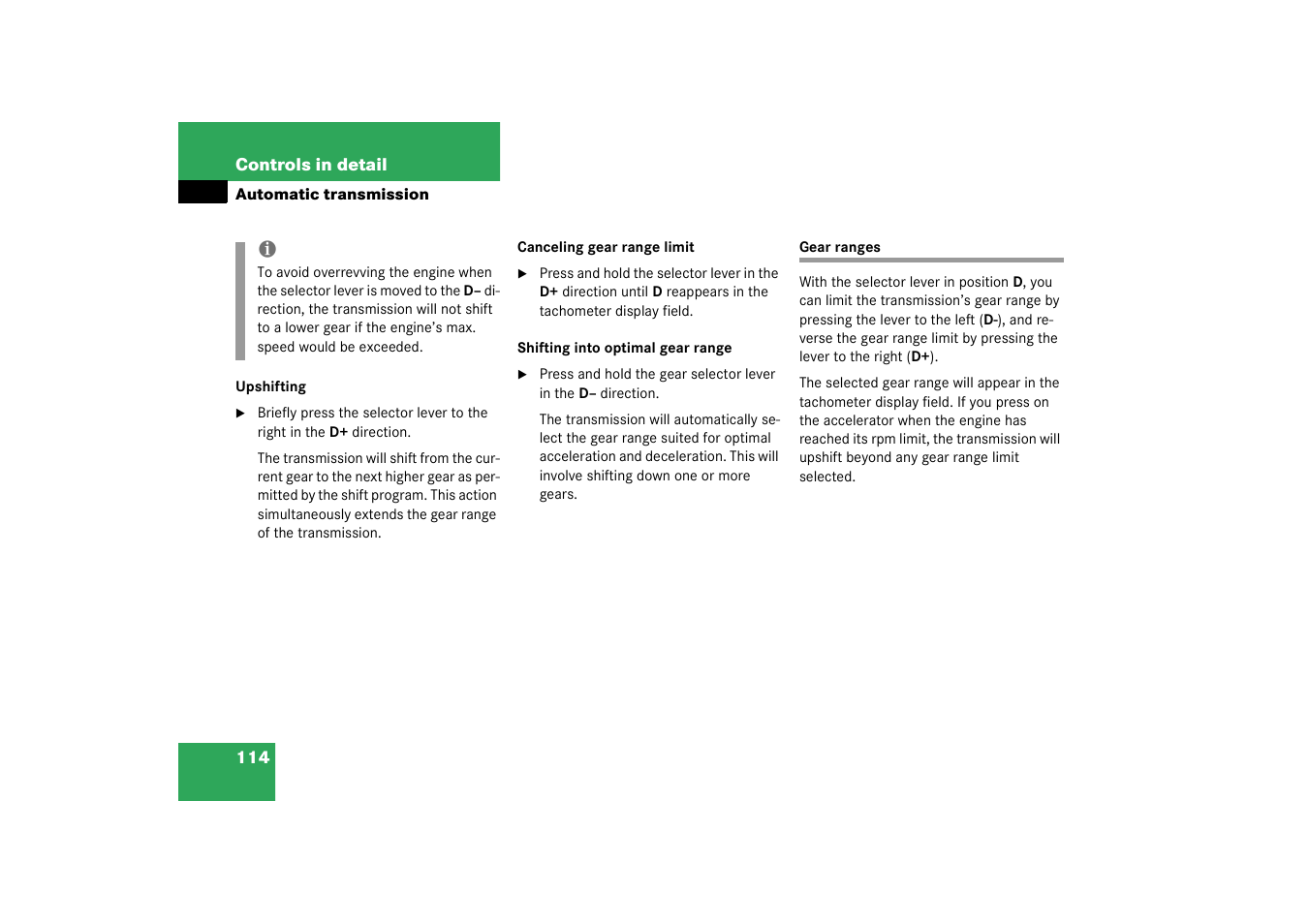 Gear ranges | Mercedes-Benz 2003 M-Class User Manual | Page 114 / 321