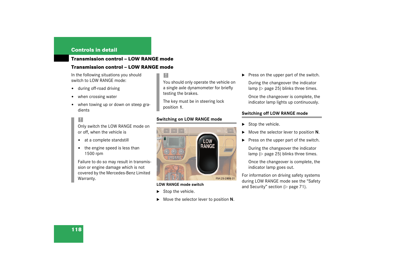Transmission control – low range mode | Mercedes-Benz 2003 M-Class User Manual | Page 118 / 321
