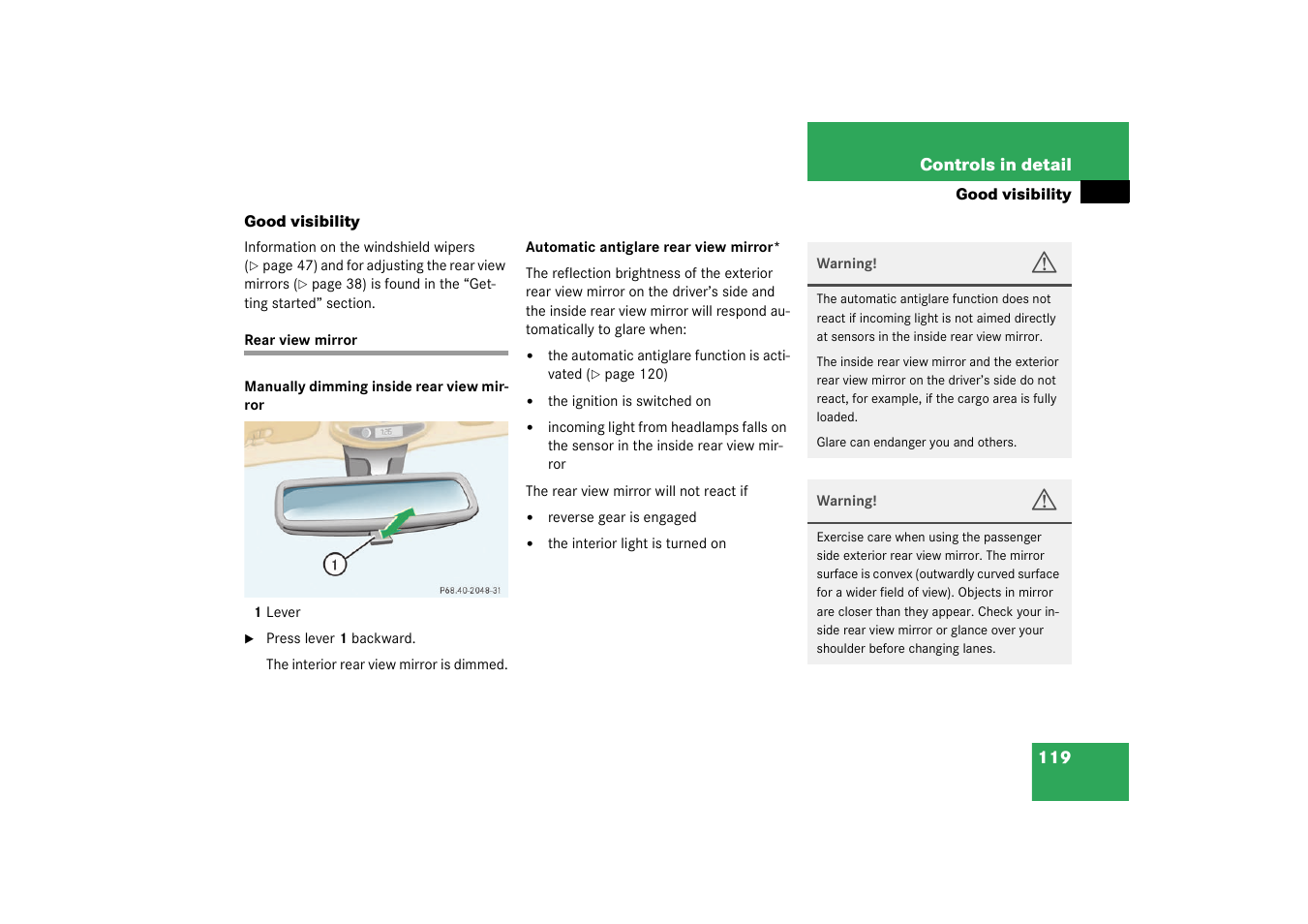 Good visibility, Rear view mirror | Mercedes-Benz 2003 M-Class User Manual | Page 119 / 321