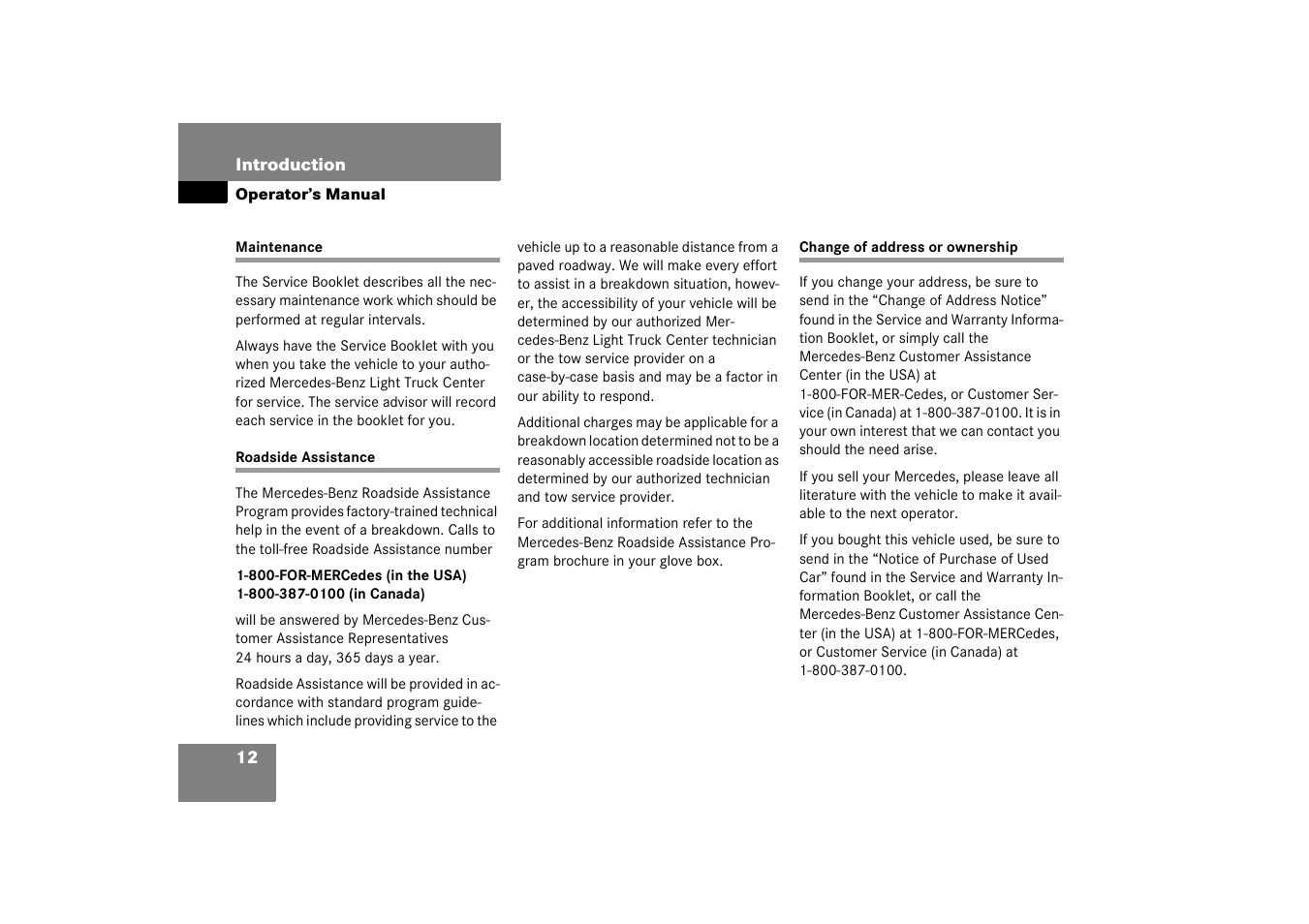 Maintenance, Roadside assistance, Change of address or ownership | Mercedes-Benz 2003 M-Class User Manual | Page 12 / 321