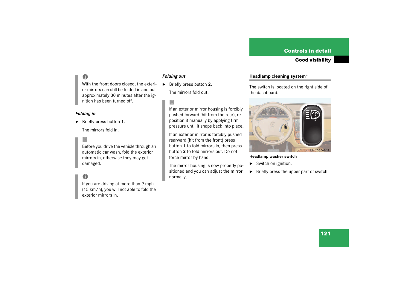 Headlamps:cleaning system;cleaning:headlamps, Headlamp cleaning system | Mercedes-Benz 2003 M-Class User Manual | Page 121 / 321