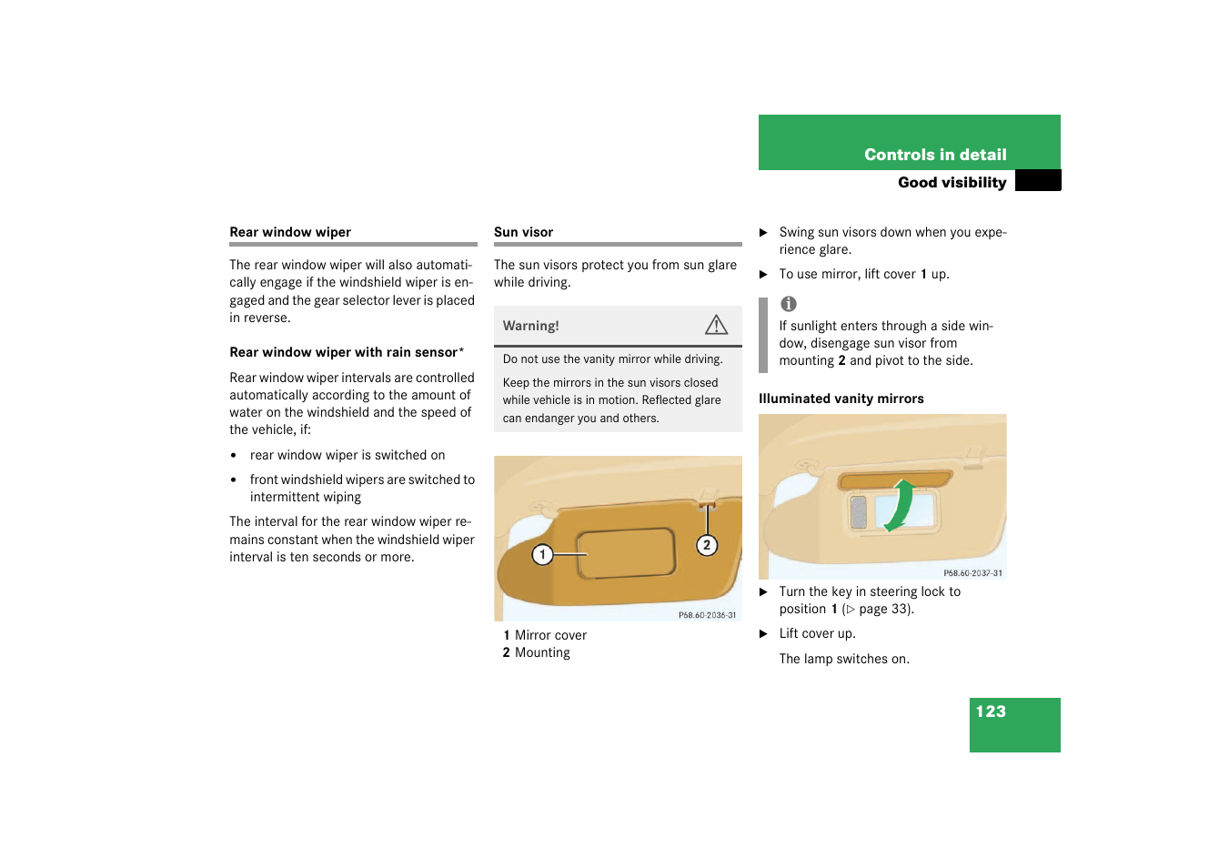 Rear window wiper, Sun visor, Rear window wiper sun visor | Mercedes-Benz 2003 M-Class User Manual | Page 123 / 321
